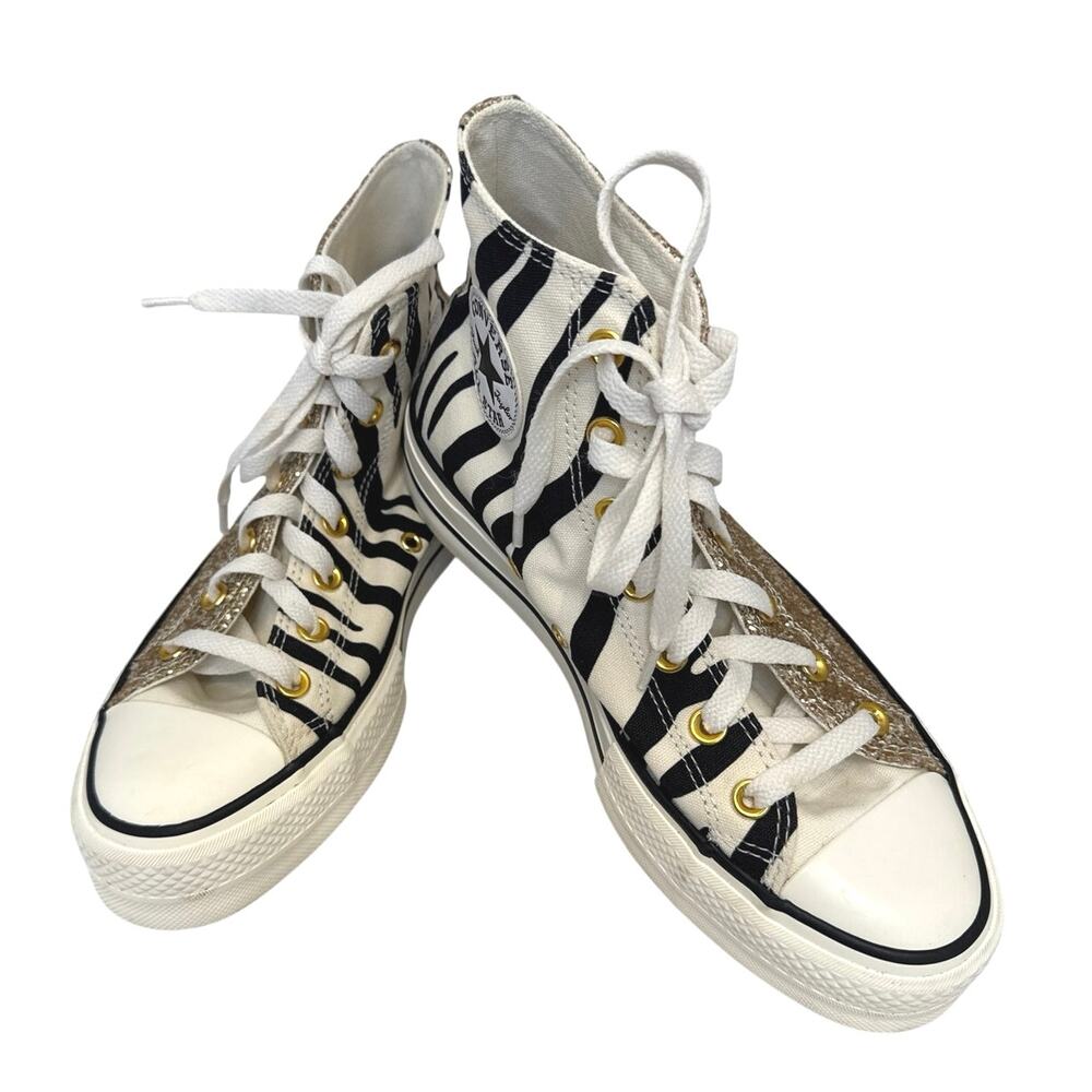Converse Chuck Taylor All Star Lift Platform HighTop Sneakers Gold Glitter Zebra - Picture 3 of 10